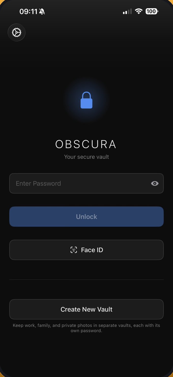 Obscura Photo Vault unlock screen with Create New Vault, each vault opened by its own password